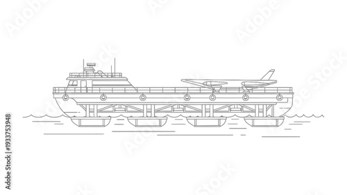 Naval Aviation Platform: A detailed line drawing showcases the profile of an aircraft carrier, highlighting its design and function in maritime operations.
