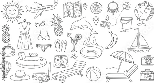 Hand-Drawn Summer Travel and Beach Vacation Doodle Set Featuring Airplane Snorkeling Gear and Tropical Fruits