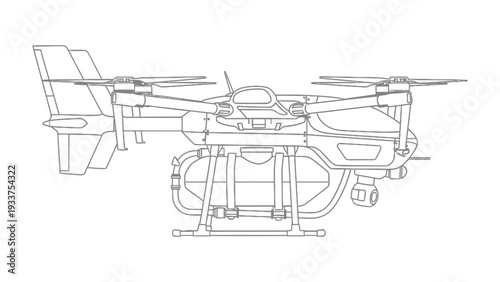 Drone Innovation Blueprint: A detailed technical drawing showcases a cutting-edge drone, highlighting its advanced design and functionality for aerial applications.