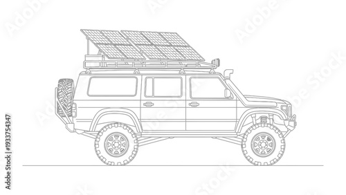 Solar Powered Overland Vehicle: An illustration showcases a robust overland vehicle, equipped with a comprehensive solar panel array, symbolizing a commitment to sustainable exploration.