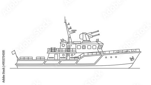 Warship Silhouette: A stark black and white depiction of a warship, showcasing its powerful design, complex structure, and military prowess.
