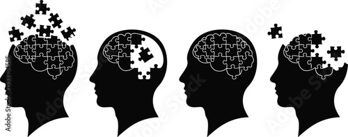 Human Head Silhouette with Puzzle Brain Pieces Mental Health Concept Line Art Illustration Psychology Mind Disorder and Cognitive Therapy Awareness