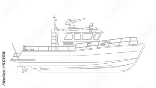 Maritime Defender: A detailed outline of a robust patrol boat, designed for coastal security and maritime defense. The illustration highlights the boat's powerful structure and strategic features.