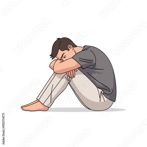 Depressed Man Sitting on Floor Alone.