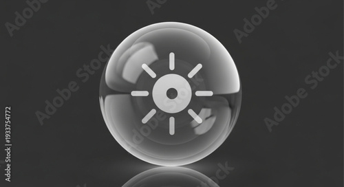 Crystal ball with sun icon reflection on dark background.