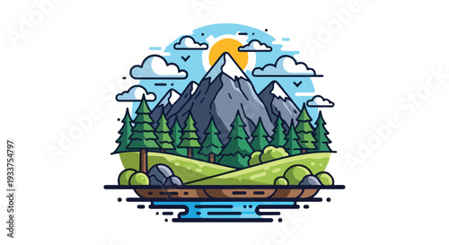 Illustration of a serene mountain landscape with a lake, trees, and a sunny sky, conveying a sense of calmness and many people can imagine themselves in this peaceful scene.