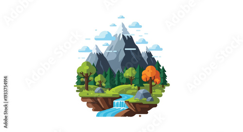 Pixelated illustration of many people enjoying a serene mountain landscape with a stream, trees, and a vibrant autumnal color palette against a clean white background.