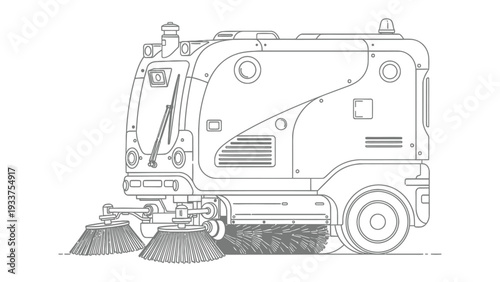Industrial Street Sweeper: A detailed illustration of a robust street sweeper, designed for efficient city cleaning operations, focusing on functionality and the cleanliness it promotes.