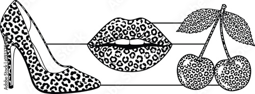 Leopard Print High Heel Shoe Lips and Cherries Line Art Illustration Fashion Glamour Pop Art Style Black and White Trendy Design