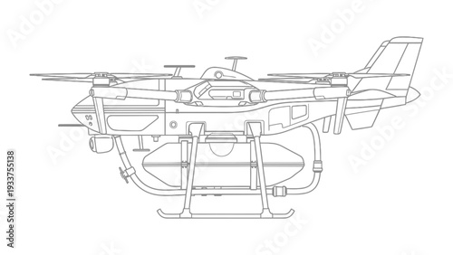 Advanced Aerial Firefighting Drone: A detailed line drawing of a state-of-the-art aerial drone, engineered for swift and precise firefighting, showcasing advanced technology and innovation.