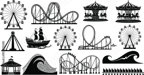 Amusement park ride silhouette collection featuring roller coasters, ferris wheels, carousels, swinging pirate ship, carnival attractions, and fairground entertainment icons set