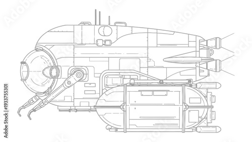 Detailed Futuristic Machine Blueprint: A blueprint illustration of an advanced, mechanical machine with intricate detailing.