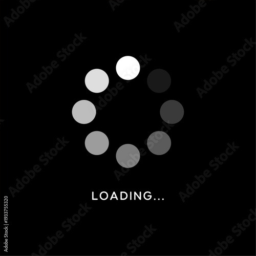 Minimalist circular loading progress icon with large dotted spinner on a solid black background for digital UI/UX.