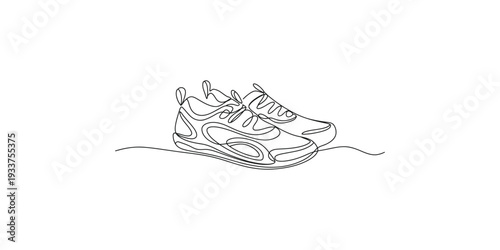 A simple line drawing of a pair of athletic running shoes on a plain white background.