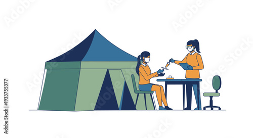 Medical professionals conduct health screening and assistance at a temporary outdoor clinic