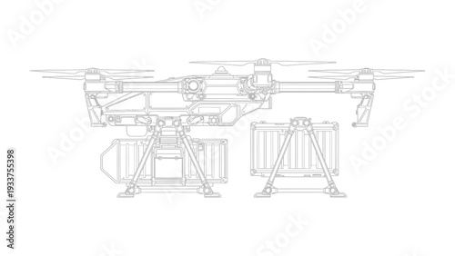Drone in Action: A modern drone is depicted, set to carry two freight container, embodying the forefront of technology and transport. The design emphasizes functionality.