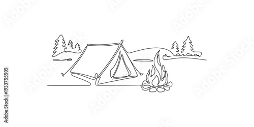 Minimalist line art illustration of a cozy campsite with a tent and a campfire in the forest