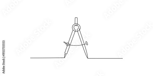 A continuous one line drawing of a drafting compass tool for geometry and design work.