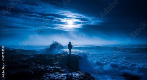 Lone figure stands on rocky shore watching ocean waves under moonlight.