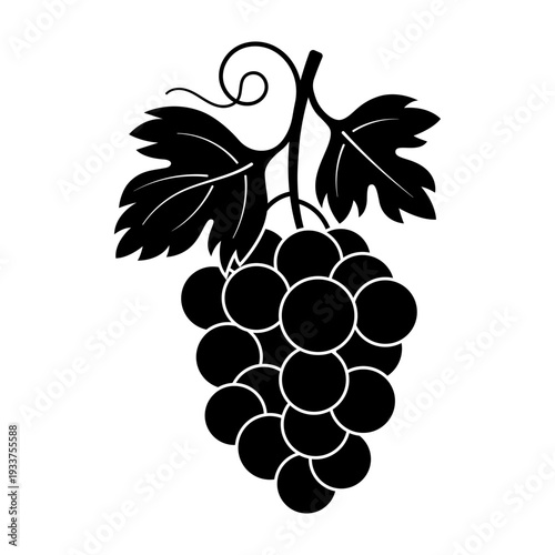 Grapes bunch silhouette vector with leaf and vine tendril isolated on white background. Stencil template. Minimalist black and white illustration for wine logo, farm label, packaging design.