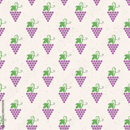 Grapes seamless pattern, purple bunches with green leaves on textured background. Minimalist flat vector illustration for packaging, wallpaper, wrapping, textile.