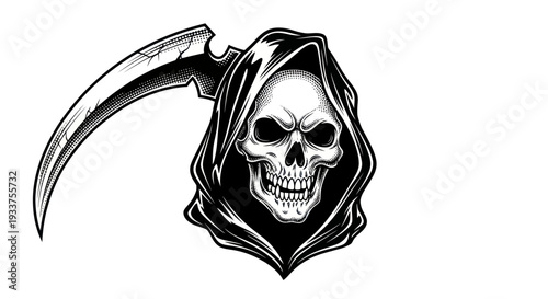 Grim Reaper with Scythe - Scary Skull Wearing Hood, Symbol of Death