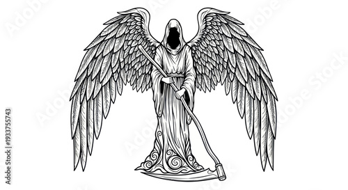 Grim Reaper Angel with Scythe and Large Wings, Black and White Illustration