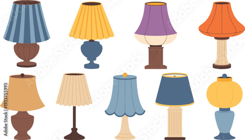 Colorful vintage and modern table lamps collection with decorative lampshades classic home lighting vector illustration isolated set