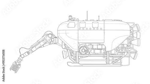 Underwater Exploration Device: A detailed line drawing showcases the intricate design of an underwater exploration device, poised for venturing into the unknown depths. 