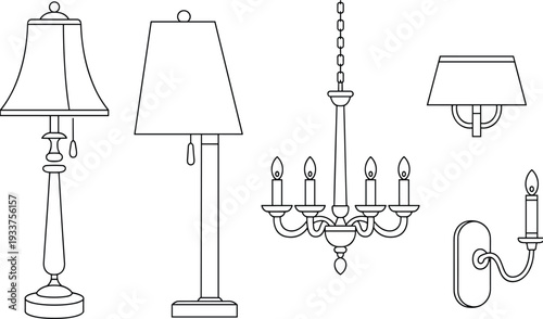 Black and white outline vintage lighting fixtures collection featuring table lamps floor lamp chandelier and wall sconce vector illustration