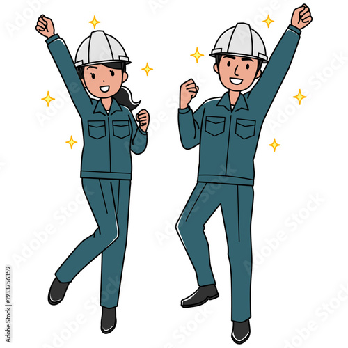 ヘルメットを被った作業服姿の元気な東南アジア系男女のカラーイラスト