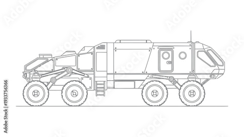 Innovative Exploration Vehicle: A detailed line drawing showcases a futuristic exploration vehicle, designed for traversing challenging terrains.
