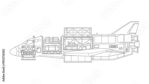 Spacecraft Blueprint: A detailed technical drawing unveils the intricate design of a spacecraft, showcasing its components and structural layout in a clean and precise manner.