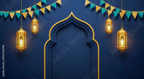 A blue and gold islamic archway with lanterns and a banner