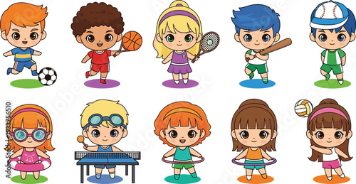 Cute Kids Playing Sports and Activities Cartoon Character Vector Set