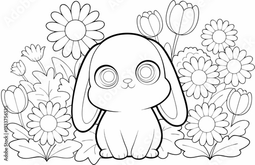 Cute Bunny with Flowers Coloring Page Silhouette Vector for Kids