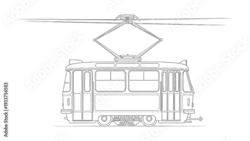 Tram Car Sketch: A detailed, minimalist line drawing of a classic tram car, showcasing its structure, the overhead electrical equipment, and the essence of public transport.