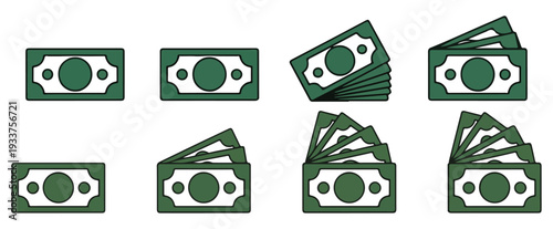 Set of stylized dollar bills in different arrangements and quantities for financial concepts
