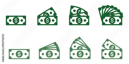 Green dollar bill icons showing different currency stack sizes for financial growth or business cash flow