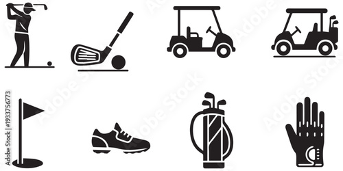 Set golf player swing, clubs, balls, and course eps 10