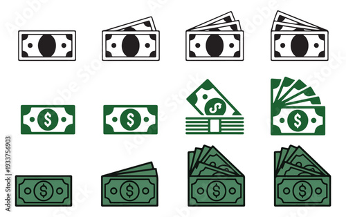 Variety of paper money icons in black and green colors representing different stacks of dollar banknotes