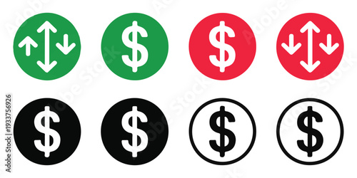 Colorful dollar currency circles with upward and downward arrows indicating market trends and stock moves