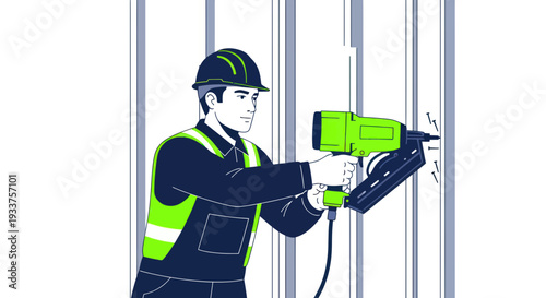 Construction worker using nail gun on wall studs, safety vest and hard hat