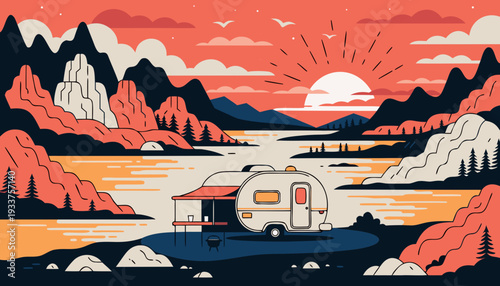 Sunset Riverside Camping Vector