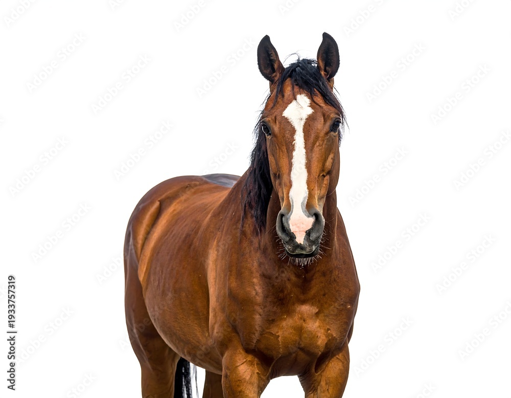 Fototapeta premium A brown horse with a white blaze stands out against a stark white background, looking directly at the viewer