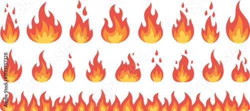 Flat Fire and Flame Vector Icon Set for Hot Bonfire Burn Energy Heat and Warning Graphic Design