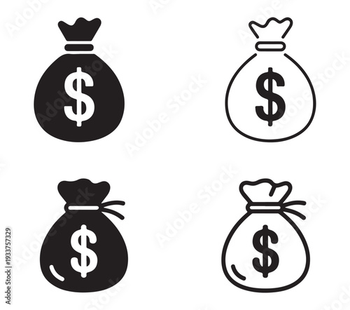 Money bag icons in filled and outline styles representing savings wealth and cash