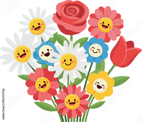 Vibrant bouquet of smiling flowers and emojis arranged together, conveying happiness and joy, viewed from the front