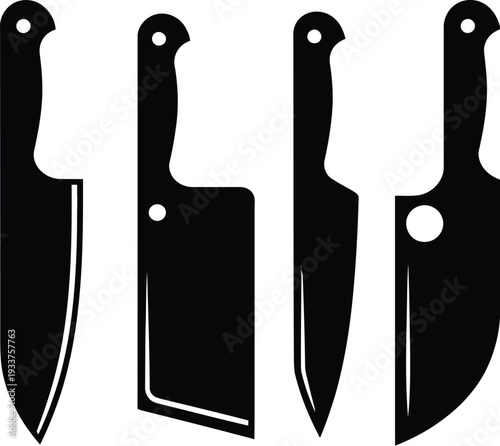 Kitchen Knife, Minimalist Black and White Kitchen Knife Set Line Art Vector Illustration of Chef, Paring, Serrated Knives and Cleaver