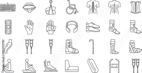 Healthcare and Mobility Aids Icons, Illustrations of Assistive Devices, Medical Equipment, and Rehabilitation Tools"